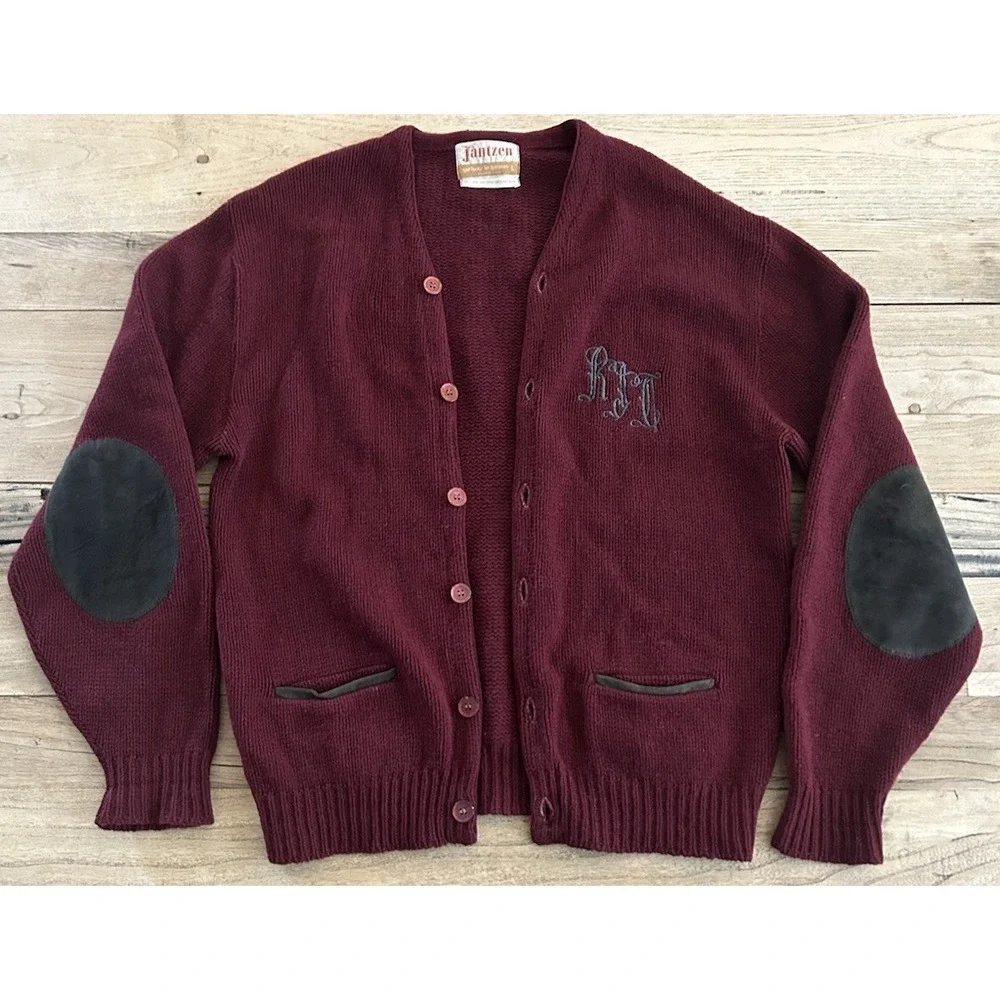 Vtg 60's Jantzen Burgundy‎ Cardigan, Kurt Cobain Grunge 100% 4-ply Shetland Wool